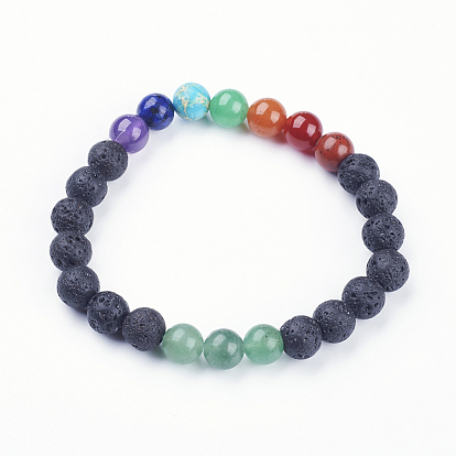 Natural/Synthetic Gemstone Stretch Bracelets, with Mixed Stones and Lava Rock