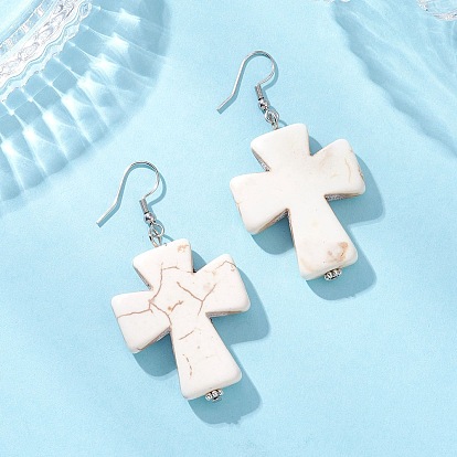 Серьги-подвески из синтетического магнезита, крестик, с фурнитурой для сережек из сплава и железа в тибетском стиле и нержавеющей стали