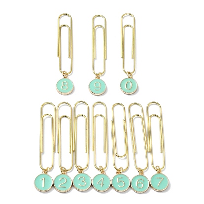 Flat Round with Number 0~9 Alloy Enamel Pendant Bookmarks, Iron Long Paper Clips