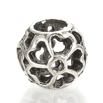 Alloy European Beads, Large Hole Beads, Hollow Rondelle with Flower