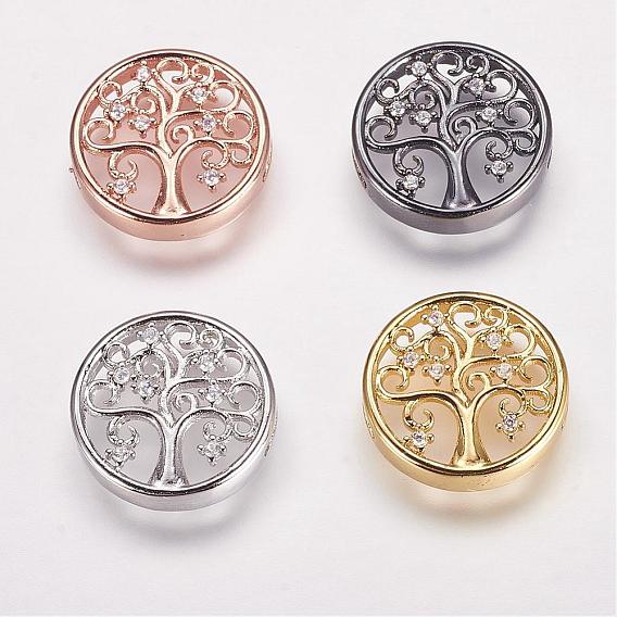 Brass Micro Pave Cubic Zirconia Slide Charms, Flat Round with Tree