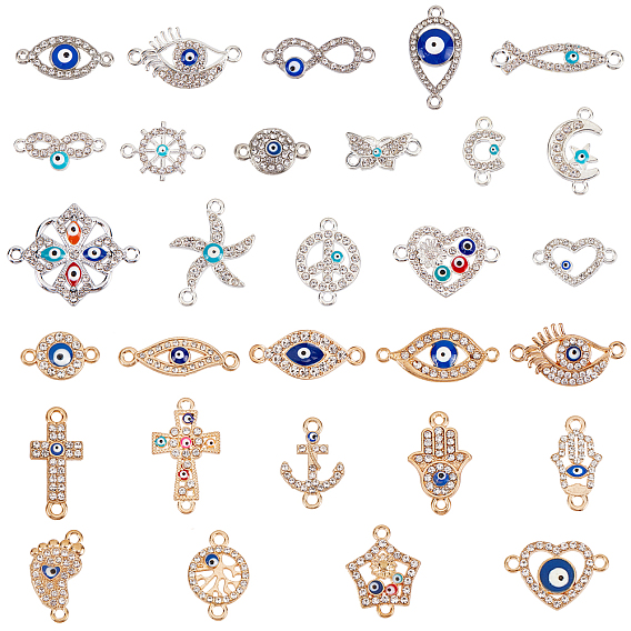 Серебряные позолоченные сплавные звенья, с хрустальными стразами и эмалью, сердце с цветком и дурным глазом