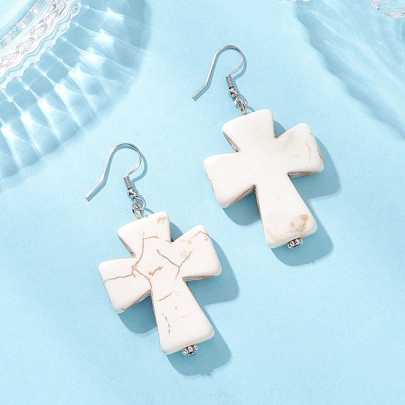 Серьги-подвески из синтетического магнезита, крестик, с фурнитурой для сережек из сплава и железа в тибетском стиле и нержавеющей стали