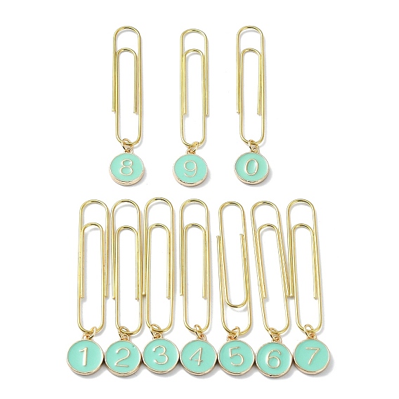 Flat Round with Number 0~9 Alloy Enamel Pendant Bookmarks, Iron Long Paper Clips