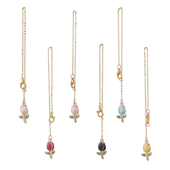 Tulip Alloy Enamel Pendants Wine Glass Charms Sets, with Zinc Alloy Lobster Claw Clasps & Brass Coated Iron Cable Chains
