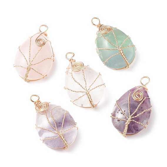 Natural Gemstone Pendants, with Copper Wire Wrapped, Teardrop