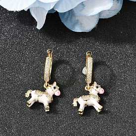 Серьги-кольца из латуни с прозрачным кубическим цирконием, лошадь, с эмалью, реальный 14 k позолоченный