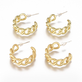 Brass Stud Earrings, Half Hoop Earrings, with Plastic Ear Nut, Long-Lasting Plated, Curb Chain Shape