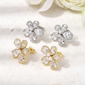 Серьги-гвоздики из латуни с микро-паве и прозрачным фианитом, с abs имитационными жемчужными бусинами , долговечный, без кадмия и без свинца