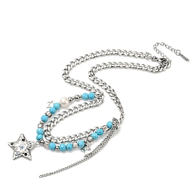 304 Stainless Steel Glass Double Layer Necklaces, Star Pendant Necklaces for Women