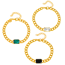 3шт. 3 браслеты из прямоугольных звеньев со стразами, браслеты из железной кубинской цепи для женщин