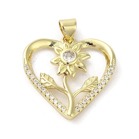 Rack Plating Brass Micro Pave Cubic Zirconia Pendants, Heart with Flower, Long-Lasting Plated, Cadmium Free & Lead Free