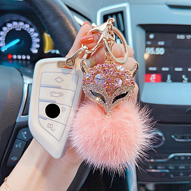 Fashionable Crystal Fox Head Keychain with Mink Fur and Diamond Pendant - Goddess Car Gift Keyring.