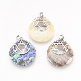 Shell Pendants, with Platinum Tone Brass Findings, for Jewish, Flat Round with Star of David
