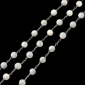 Natural Shell Round Beaded Chains, with 304 Stainless Steel Cable Chains, Soldered, with Spool