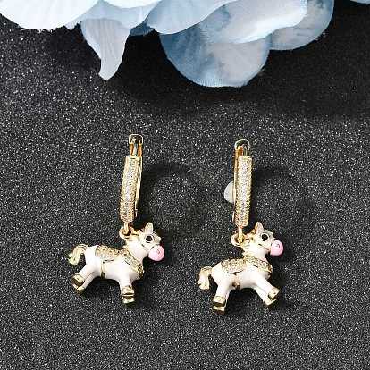 Серьги-кольца из латуни с прозрачным кубическим цирконием, лошадь, с эмалью, реальный 14 k позолоченный