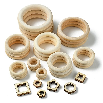 45pcs 15 styles anneaux de liaison en bois non finis, bague en bois de couleur originale, eau de Javel, formes mixtes