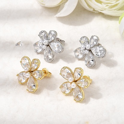 Серьги-гвоздики из латуни с микро-паве и прозрачным фианитом, с abs имитационными жемчужными бусинами , долговечный, без кадмия и без свинца