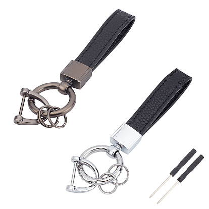 2 ensembles 2 porte-clés en cuir PU de couleur, avec fermoirs et anneaux en alliage de zinc, tournevis, noir
