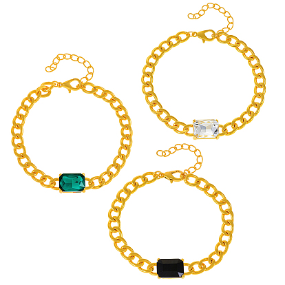 3шт. 3 браслеты из прямоугольных звеньев со стразами, браслеты из железной кубинской цепи для женщин