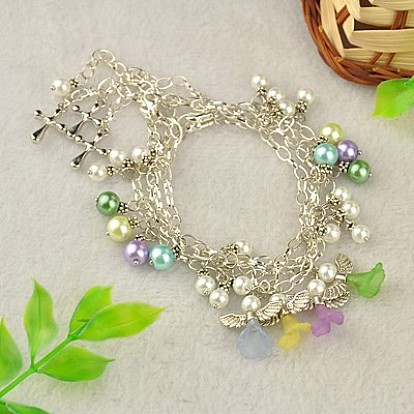 Lovely Wedding Dress Angel Charm Bracelets, with Tibetan Style Beads, Glass Pearl Beads, Acrylic Pendants, Iron Chains and Alloy Lobster Claw Clasps, 270mm