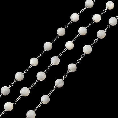 Natural Shell Round Beaded Chains, with 304 Stainless Steel Cable Chains, Soldered, with Spool