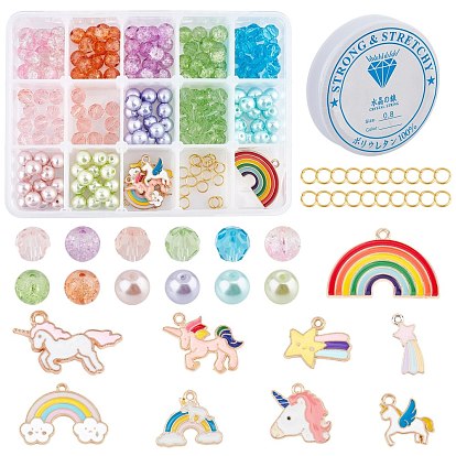 DIY Colorful Unicorns Theme Bracelet Making, with Alloy Enamel Pendants, Glass Beads, Glass Pearl Beads and Clear Elastic Crystal Thread, Mixed Shapes