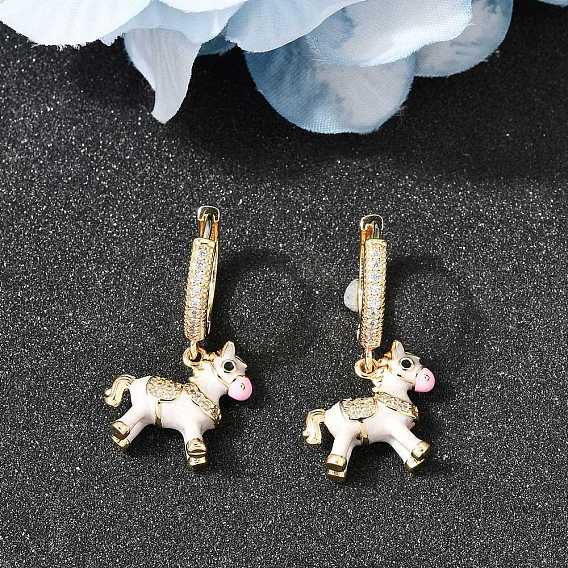 Серьги-кольца из латуни с прозрачным кубическим цирконием, лошадь, с эмалью, реальный 14 k позолоченный