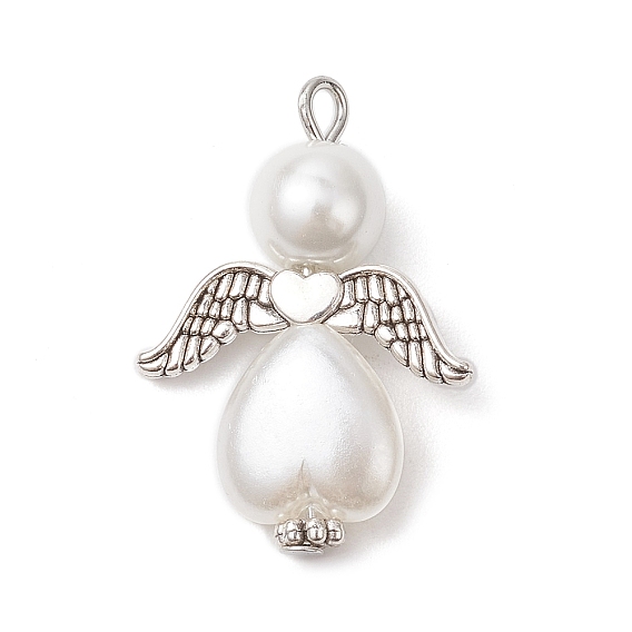 Стеклянные жемчужины круглые бусины и бусины из АБС пластика имитация жемчуга подвески, ангел, с крылом из сплава и железной петлей