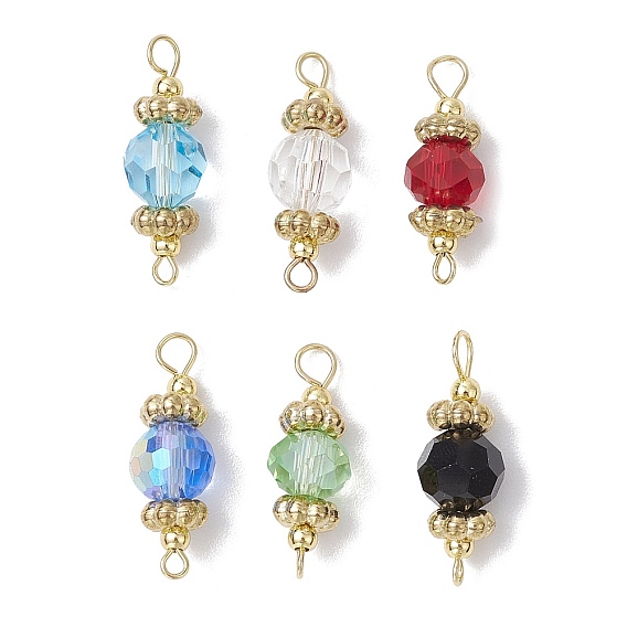 6 шт 6 цвета граненые круглые стеклянные соединительные подвески, с 304 двойными петлями из нержавеющей стали, золотые
