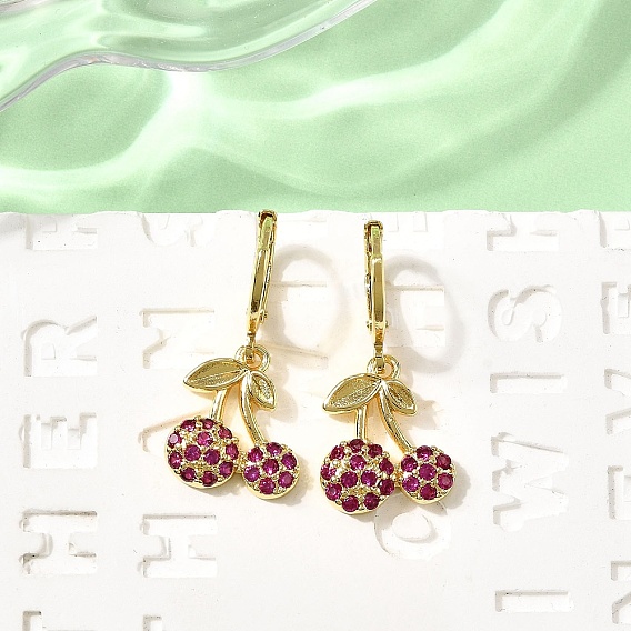 Серьги-подвески в форме вишни с микропаве из латуни и кубическими цирконами, стойки покрытие, без свинца и без кадмия, долговечный