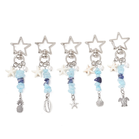 Подвесные украшения из океанического сплава, с бусинами из искусственной бирюзы в форме морской звезды, натурального белого нефрита и содалита, жемчугом из ракушек и поворотными застежками из цинкового сплава в форме звезды., разнообразные