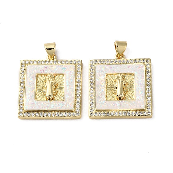 Brass Micro Pave Cubic Zirconia Pendants, Cadmium Free & Lead Free, with Shell, Square
