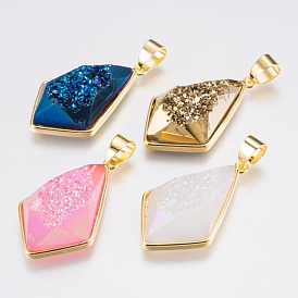 Electroplated Natural Druzy Quartz Crystal Pendants, with Brass Findings, Kite, Faceted, Golden