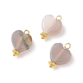 Natural Grey Agate Pendants, with Golden Tone Alloy & Brass Findings, Heart Charm