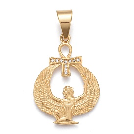 304 Stainless Steel Pendants, with Clear Micro Pave Cubic Zirconia, Religion, Winged Goddess with Ankh Cross