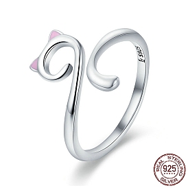 Регулируемые 925 кольца из манжеты из эмалевого кольца из стерлингового серебра, открытые кольца, с печатью 925, кошка