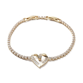 Heart Brass Link Bracelet with Clear Cubic Zirconia Tennis Chains, Long-Lasting Plated