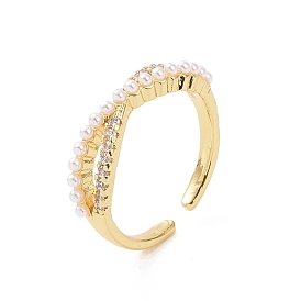 Brass Micro Pave Cubic Zirconia Open Rings, Infinity with Plastic Imitation Pearl Cuff Rings for Women