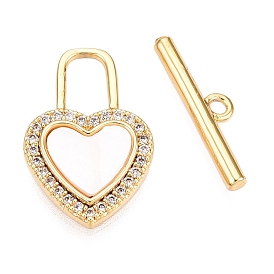 Brass Micro Pave Clear Cubic Zirconia Toggle Clasps, with Shell, Heart