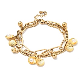 Plastic Pearl Shell and Round Ball Charm Multi-strand Bracelet, Vacuum Plating 304 Stainless Steel Double Layered Chains Bracelet for Women