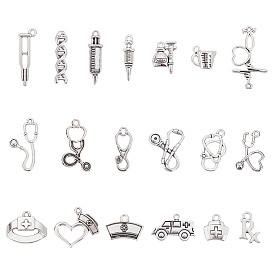 114Pcs 19 Style Tibetan Style Alloy Pendants, Nurse Series, Nurse Cap & Stethoscope & Crutches & Ambulance & Measuring Glass & Heartbeat & Injector & DNA Double Helix