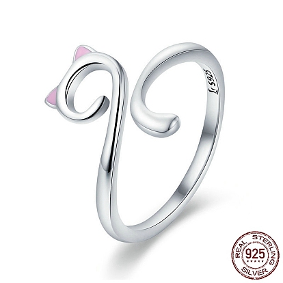 Регулируемые 925 кольца из манжеты из эмалевого кольца из стерлингового серебра, открытые кольца, с печатью 925, кошка