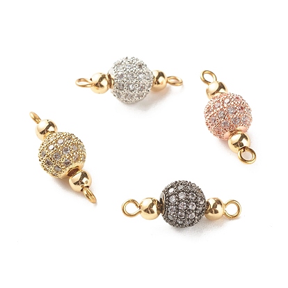 Rack Plating Brass Cubic Zirconia Links Connectors, with Brass Beads and 304 Stainless Steel Findings, Round