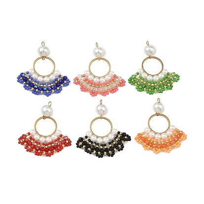 304 Pendentifs en acier inoxydable et perles de verre, charme d'éventail