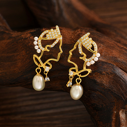 Boucles d'oreilles pendantes vintage en argent sterling avec zircone cubique transparente, avec perle d'eau douce