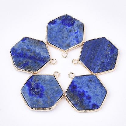 Gemstones Pendants, with Brass Findings, Hexagon, Golden