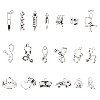 114Pcs 19 Style Tibetan Style Alloy Pendants, Nurse Series, Nurse Cap & Stethoscope & Crutches & Ambulance & Measuring Glass & Heartbeat & Injector & DNA Double Helix