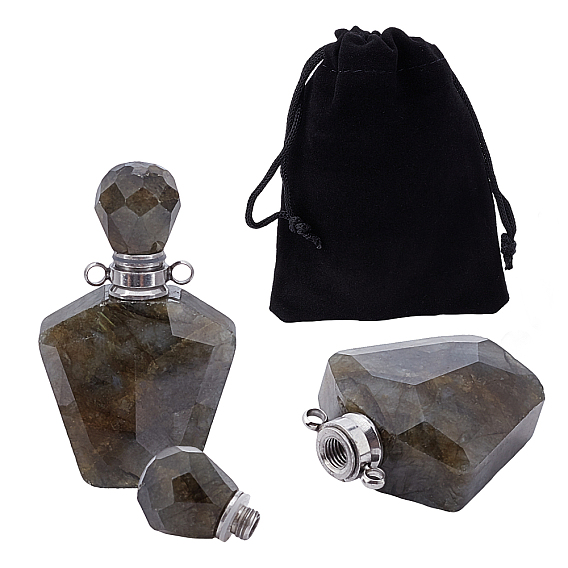 Faceted Natural Labradorite Openable Perfume Bottle Pendants, Essential Oil Bottles, with Rectangle Velvet Pouches