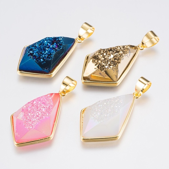 Electroplated Natural Druzy Quartz Crystal Pendants, with Brass Findings, Kite, Faceted, Golden